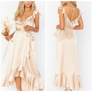 Show Me Your Mumu Samantha ruffle wrap dress champagne luxe satin